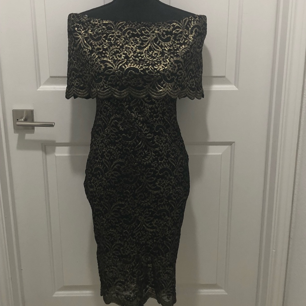 /Gold Lace Off the Shoulder Dress